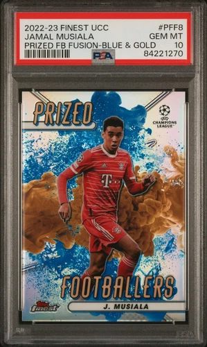 JAMAL MUSIALA PSA 10 2022-23 TOPPS FINEST PRIZED FOOTBALLERS FUSION BLUE & GOLD