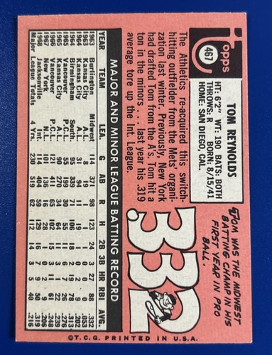 1969 Topps de béisbol Tom Reynolds Oakland Athletics #467 - Imagen 2 de 2