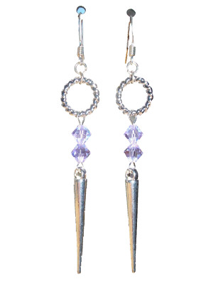 3 1/8'' Drop Silver Plate Dagger Spike Alexandrite Austrian Crystal Hoop Earrings