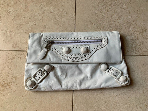 Stylish BALENCIAGA White Leather Motorcycle City Clutch Bag Purse!