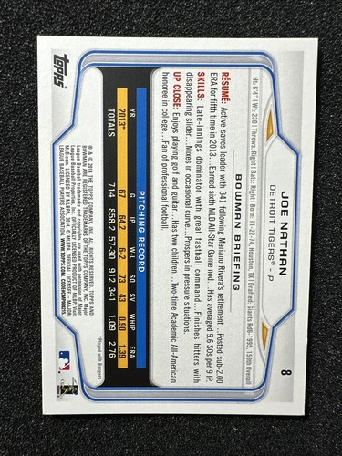 JOE NATHAN #8 2014 Bowman Baseball QTY Detroit Tigers - Picture 2 of 2