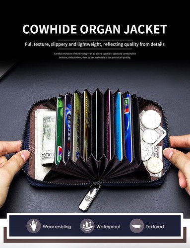 First layer cowhide leather RFID anti-theft card case with ID card slot wallet - Picture 2 of 16