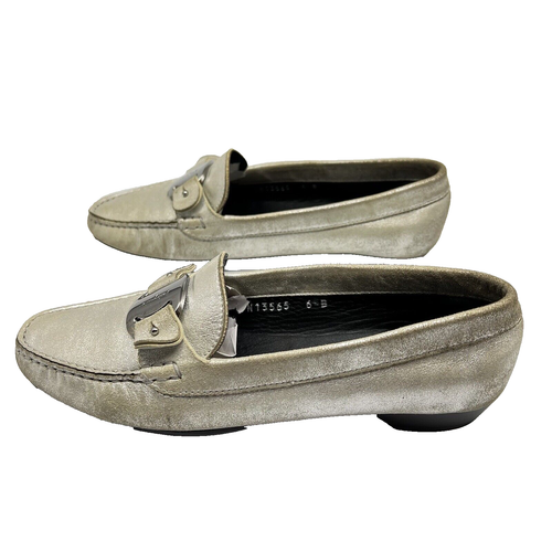 SALVATORE FERRAGAMO Loafer Flats Shoes Womens Silver Metallic Slip On Sz 6 Italy - Picture 6 of 12
