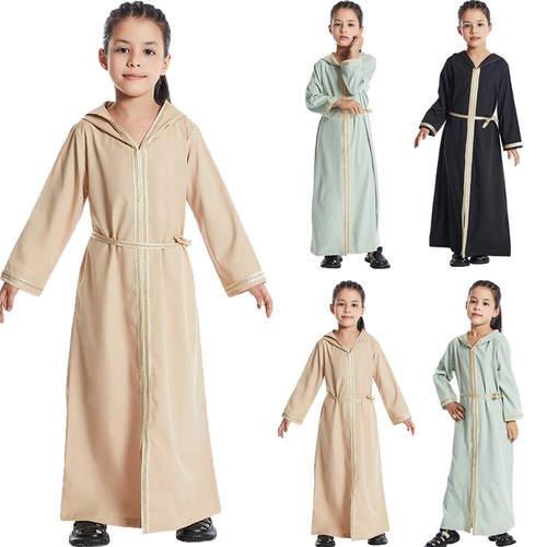 Muslim Girls Kids Hooded Long Dress Abaya Islamic Girls Kaftan Ramadan Robe Arab - Picture 1 of 49