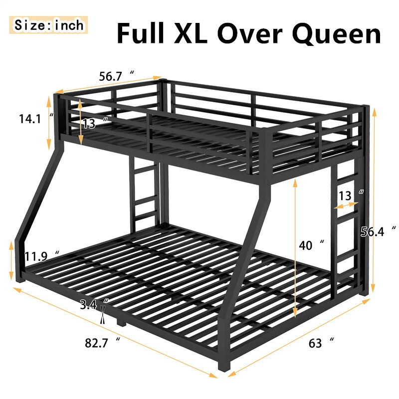 Металлическая двухъярусная кровать с 2 боковыми лестницами и 40 металлическими планками бесшумная для подростков взрослых черная - Изображение 3 из 4