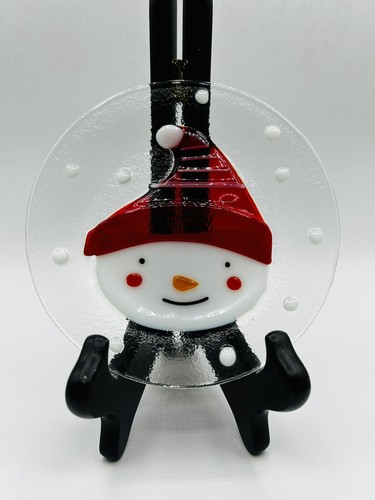 Fused Art Glass Snowman Decorative Serving Plate Platter Round Holiday - Foto 1 di 4
