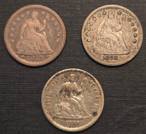 Type set of 3 seated half dimes 1853 arrows VF, 1856 stars AU, 1860 ...