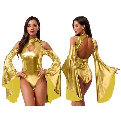 Women's Shiny Metallic Bodysuit Romper Disco Hippie Jumpsuit Performance Costume - Picture 18 of 53