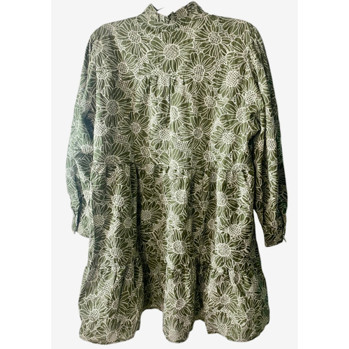 Vestido floral verde oliva talla grande para mujer con volantes manga larga cuello en V acampanado 2XL - Imagen 3 de 9