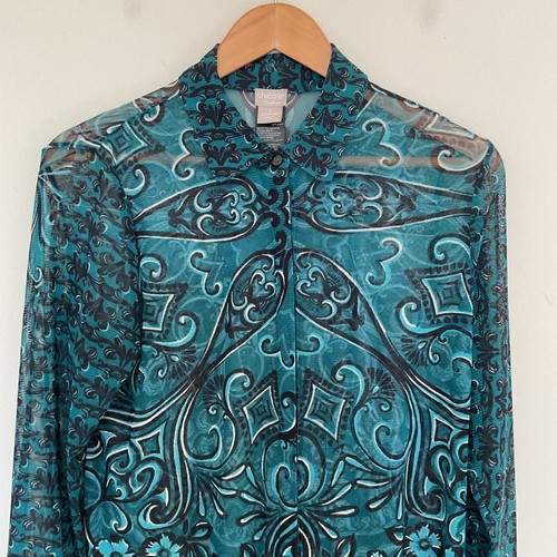 Chico's Travelers Scroll Paisley Mesh Long Shirt Top Gr. 8/10 grün Castle Goblin - Bild 2 von 12