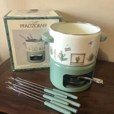 Vintage Pfaltzgraff Naturewood 6 Cups Fondue Set W/ 6 Forks & Alcohol Burner