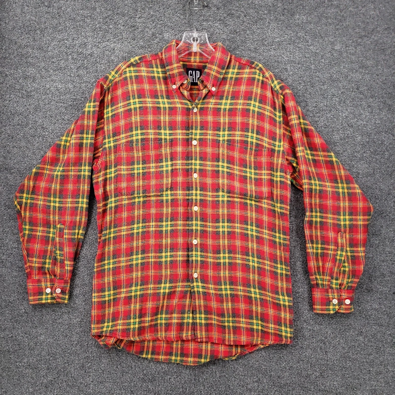 VINTAGE Gap Button Down Shirt Mens S Small Red Flannel Plaid Tartan Long Sleeve