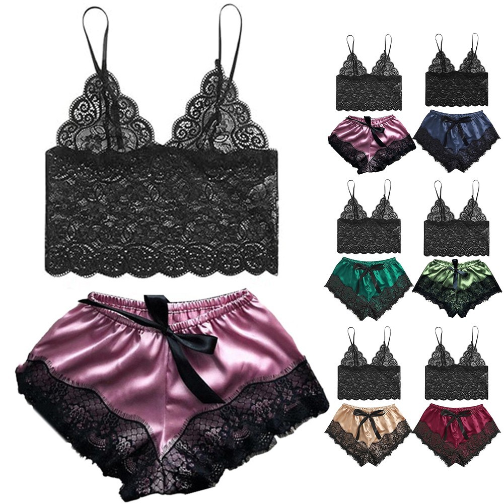 Stylisches Spitzen Nachtwäsche Shorts und BH Set
