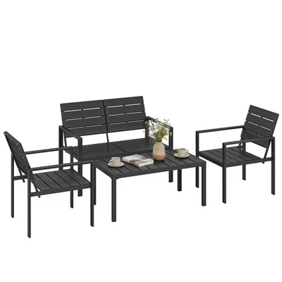 Outsunny 4 Piece Garden Furniture Set, HDPE Metal Outdoor Sofa, Black - Image 1 of 4