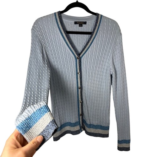 Brooks Brothers Blue Cable Knit Cotton Button Down Cardigan Sweater Size Large - Picture 3 of 7