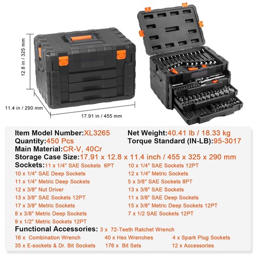 Mechanics Tool Set and Socket Set 1/4in 3/8in 1/2 in Drive Sockets 450Pcs - Picture 7 of 12