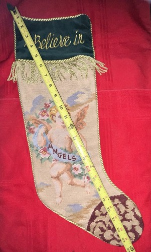 VTG I BELIEVE IN ANGELS FRINGED NEEDLEPOINT CHRISTMAS STOCKING DARK GREEN BACK - Picture 5 of 11