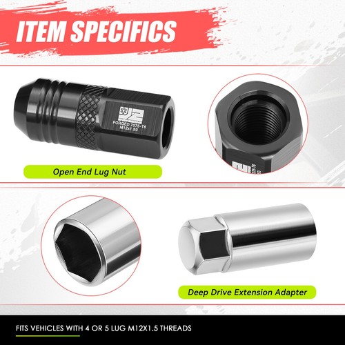 J2 Black T6-7075 Aluminum Open End M12x1.5 20Pc 50mm Lug Nut Set w/Extendtion - Picture 5 of 6