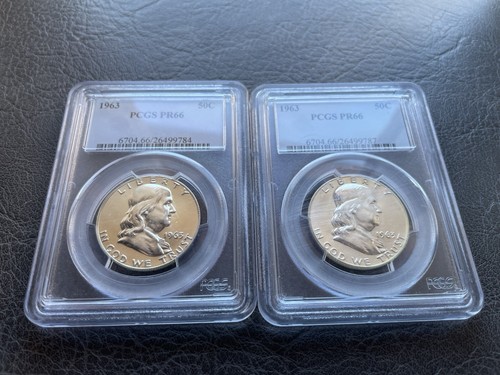 NEW PICS- Lot of Two - 1963 Franklin Half Dollar 50C PCGS PR66 - Scratched Cases