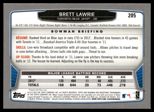 2013 Bowman Brett Lawrie Toronto Blue Jays #205 - Picture 2 of 2