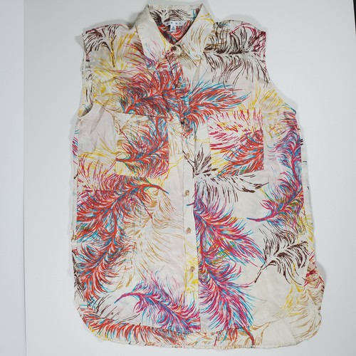 Top donna CABI medio multicolore disegno piuma seta senza maniche con bottoni - Foto 1 di 8