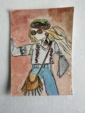 ACEO Original Art Card Hippie Dance Girl watercolor/ink 2.5x3.5 signed by KC