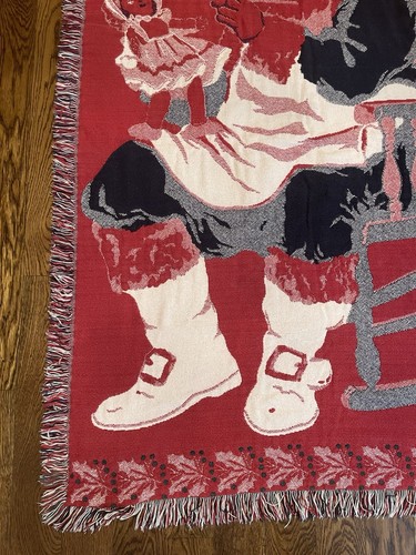 Vtg 1992 Woven Throw Blanket Christmas Santa Cotton Heavy Fringe 48" X 63" - Picture 12 of 12