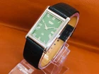 Vintage Seiko Slim Quartz Tank Roman Green Dial Black Leather Band Wrist Watch