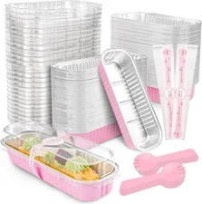 100 Pack Mini Cake Pans with Lids and Spoons 5.8"x1.85"x1.97", Pink 