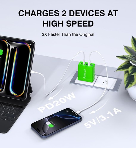 Green 2-Pack Dual Type C Power Adapter - 50W USB C Charger Block with 5-Port ... - Picture 3 of 7