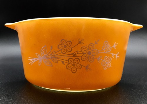 Vintage Pyrex Butterfly Gold 473-B 1 Liter Glass Casserole Flower Dish w/ Lid. - Picture 4 of 11
