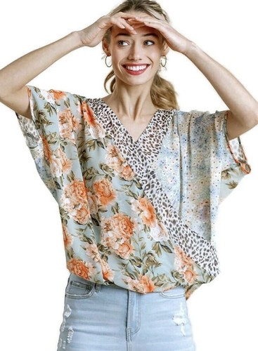Umgee L-Floral,Animal Print Mix-Faux Wrap-Crossover Top-Dolman Sleeve Boho Tunic - Picture 3 of 18