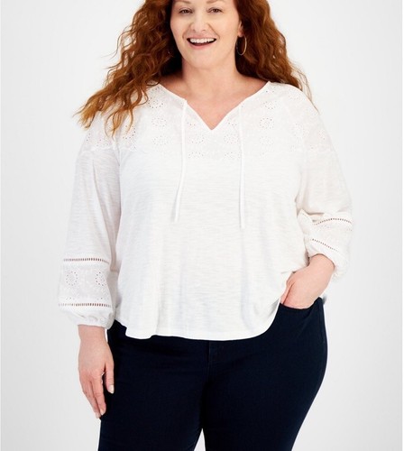 Style & Co Women’s Ties Plus Size Embroidered Eyelet-Trim Top Bright White 3X - 第 3/8 張圖片