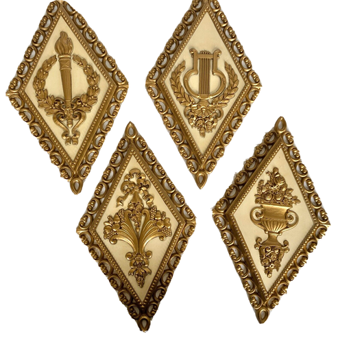 Juego de 4 placas de pared de colección MCM Homco 1971 Hollywood Regency oro y crema, diamante - Imagen 1 de 8