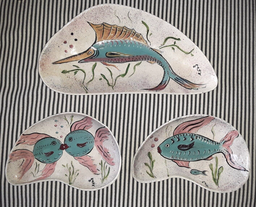 VTG MCM SIGNED SWORD FISH TURQUOISE PINK STUDIO ART POTTERY BOOMARANG BOWL DISH - 第 6/6 張圖片
