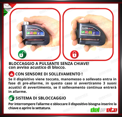 BLOCCA DISCO BLOCCADISCO CON ALLARME MOTO SCOOTER 110 DECIBEL ANTI SOLLEVAMENTO - Picture 12 of 14
