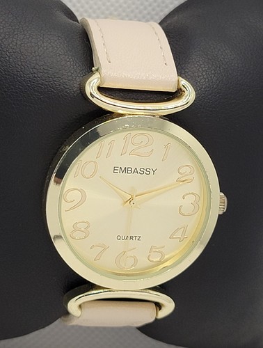 Ladies Embassy Classic Round Gold Tone Beige Faux Leather Band Analog Watch I8 - Picture 3 of 9