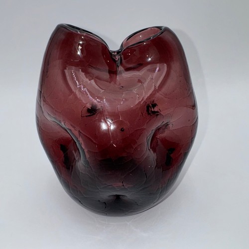 Amethyst Purple Crackle Glass Pinched Vase 6.5" Dimpled Hand Blown - Picture 3 of 7