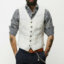 Plus Size Retro Men's Casual Linen Vest Business Formal Slim Waistcoat Coat Top