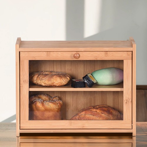 Double Decker Wooden Bread Bin Clear Front Kitchen Food Loaf Storage Container - Picture 5 of 7