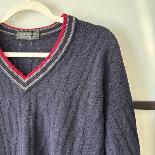 [L] Jaeger 100% Lambs Wool Navy Blue Cable Knit Vintage Sweater Made in UK - Picture 4 of 13