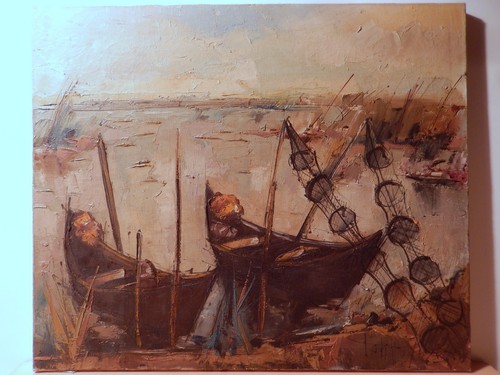 Cuadro Marino Pintura Barco Pesca Barca Raya Aterrizaje Puerto Mar Océano - Imagen 11 de 12