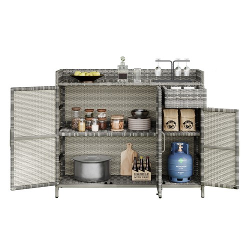 47.5"W Wicker Outdoor Storage Cabinet with Tempered Glass Desktop Rattan Bar - Picture 11 of 22