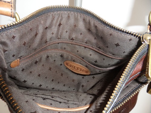 Fossil Vintage Braune weiche Leder Umhängetasche Handtasche Messing Hardware Reißverschluss genarbt - Bild 11 von 12