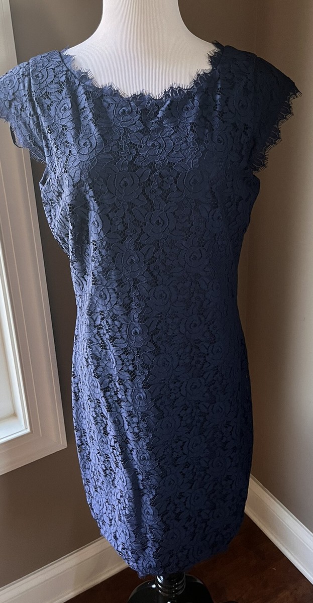 Diane Von Furstenberg DVF Barbara Navy Blue Stretch Lace Sheath Dress Size  12 | eBay