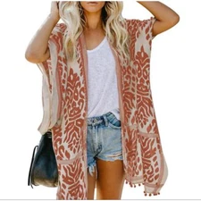 Women Beach Long Floral Print Kimono Tassel Casual Cardigan Loose Cover One size