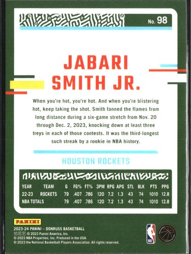 23/24 2023/24 Donruss Amarillo Paralelo #98 Jabari Smith Jr. Cohetes - Imagen 2 de 2