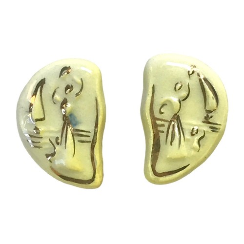 Vintage Ceramic Clip On Biomorphic Earrings Italy Yellow Ombre w/ Gold Detailing - Picture 1 of 5