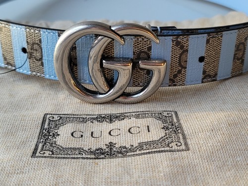 Gucci Silver GG Marmont Belt 75 30 Blue Leather Gray Supreme Print Monogram NWT - Picture 4 of 8