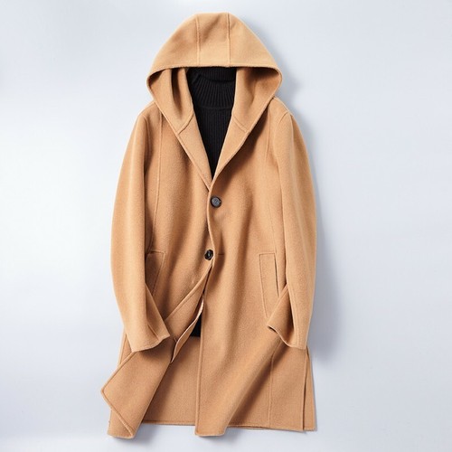 Mens Real Wool Fleece Jacket Overcoat Hooded Cashmere Trench Coat Outerwear Warm Mens Real Wool Fleece Jacket Overcoat, Men S Wool Hooded Trench Coat